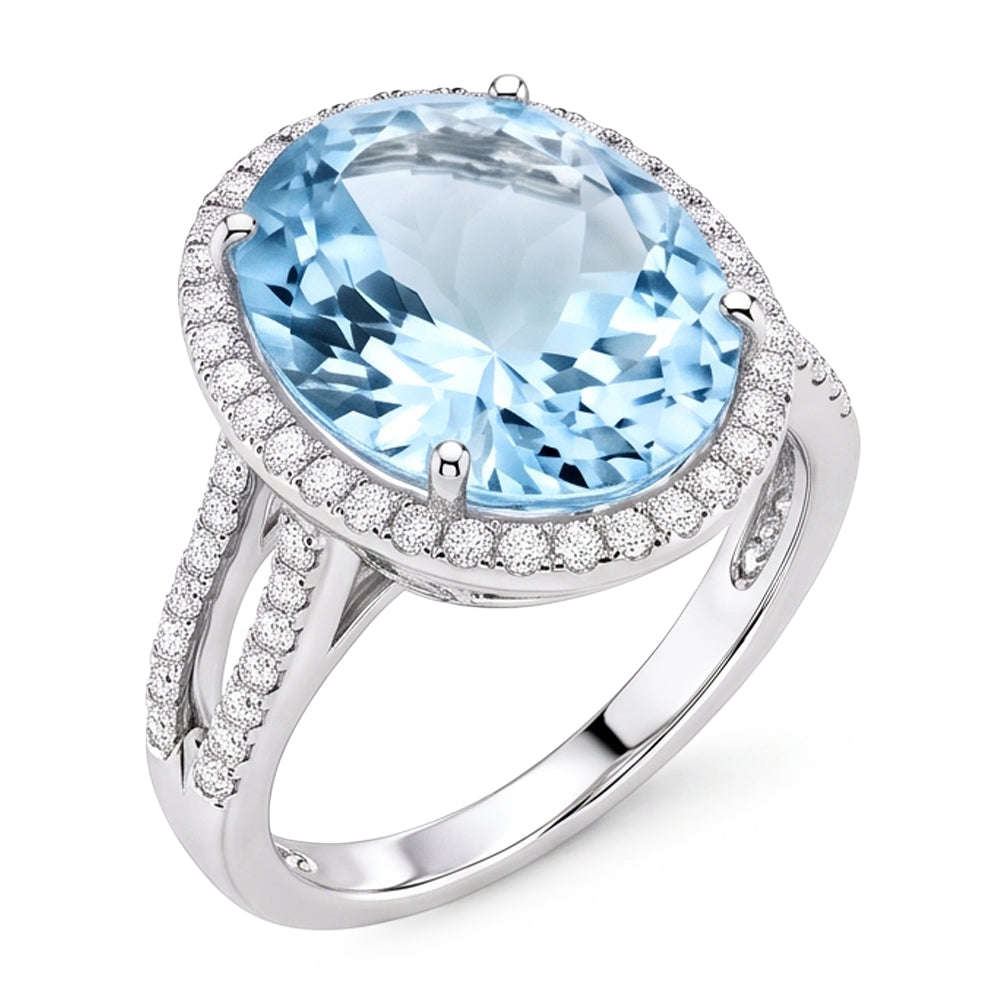 Prong Set Oval Cut 12 Ct Aquamarine And Natural Earth Mined Diamonds Ring Gold White