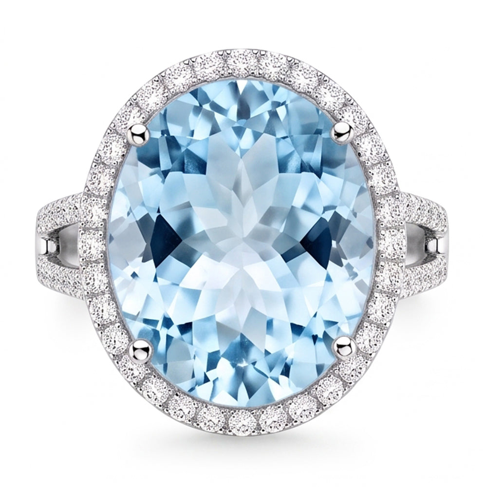 Prong Set Oval Cut 12 Ct Aquamarine And Natural Earth Mined Diamonds Ring Gold White
