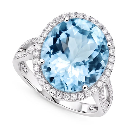 Prong Set Oval Cut 12 Ct Aquamarine And Natural Earth Mined Diamonds Ring Gold White