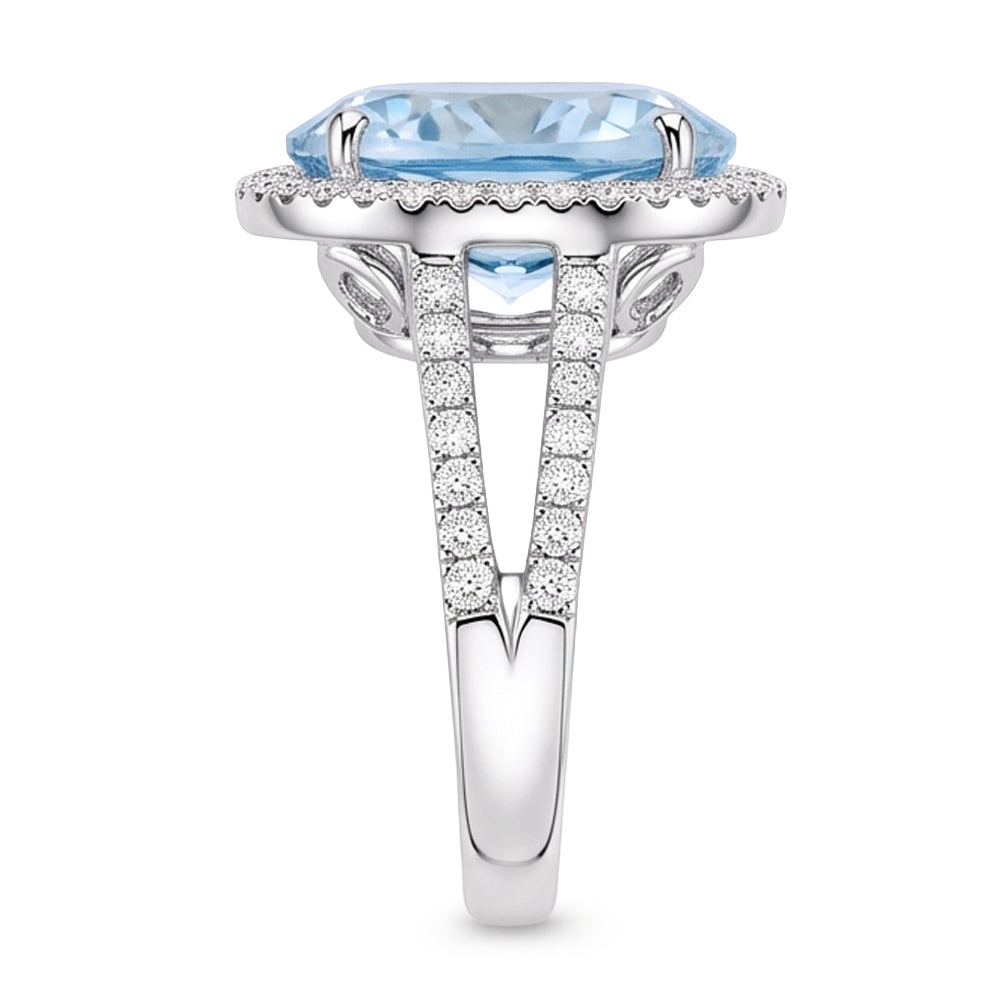 Prong Set Oval Cut 12 Ct Aquamarine And Natural Earth Mined Diamonds Ring Gold White