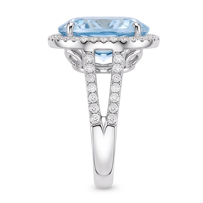 Prong Set Oval Cut 12 Ct Aquamarine And Natural Earth Mined Diamonds Ring Gold White
