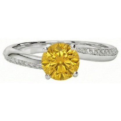 Prong Set Round Cut 3.50 Ct Yellow Sapphire With Natural Earth Mined Diamonds Ring