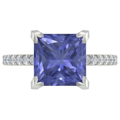 Prong Set Tanzanite And Natural Earth Mined Diamonds 3.80 Carats Ring White Gold 14K