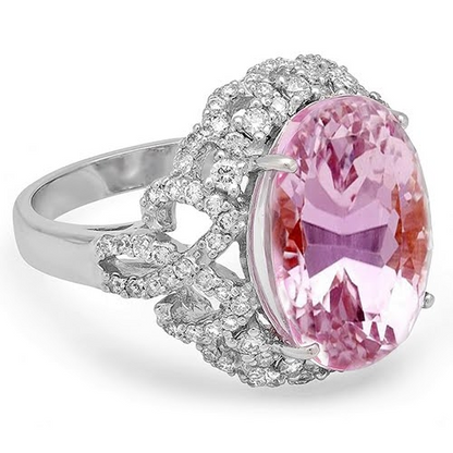 Prong Set 36.75 Ct Pink Kunzite With Diamonds Ring White Gold 14K