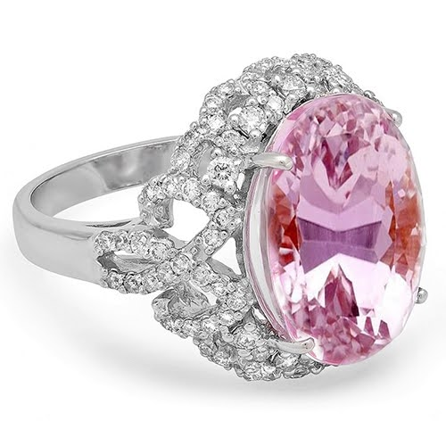 Prong Set 36.75 Ct Pink Kunzite With Diamonds Ring White Gold 14K