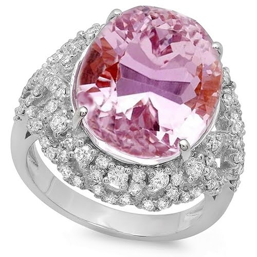 Prong Set 36.75 Ct Pink Kunzite With Diamonds Ring White Gold 14K