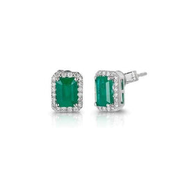 Prong Set 9 Carats Green Emerald With Diamond Stud Earrings White Gold 14K