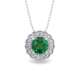 Prong Set Round 6.75 Carats Green Emerald & Diamond Pendant White Gold 14K