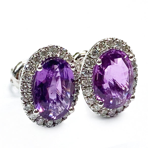 Purple Sapphire Halo Diamond Stud Earrings