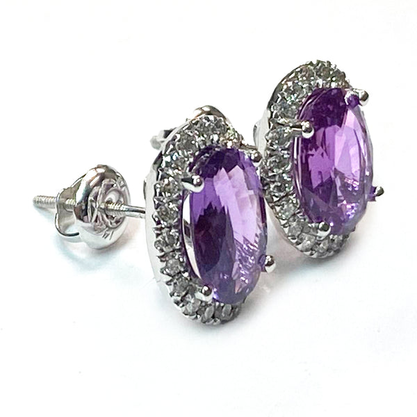 Purple Sapphire Halo Diamond Stud Earrings