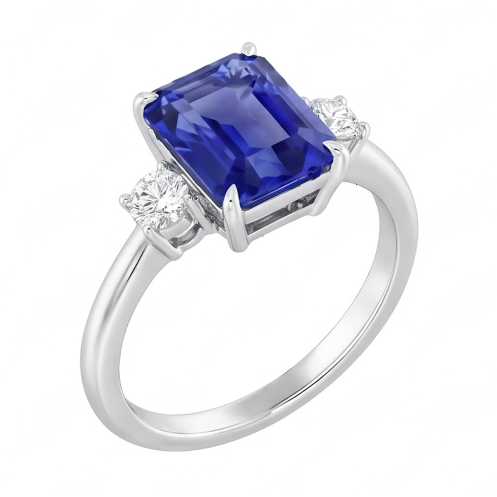 Radiant 3 Stone Blue Sapphire Ring 1.25 Carats Small Round Natural Earth Mined Diamonds