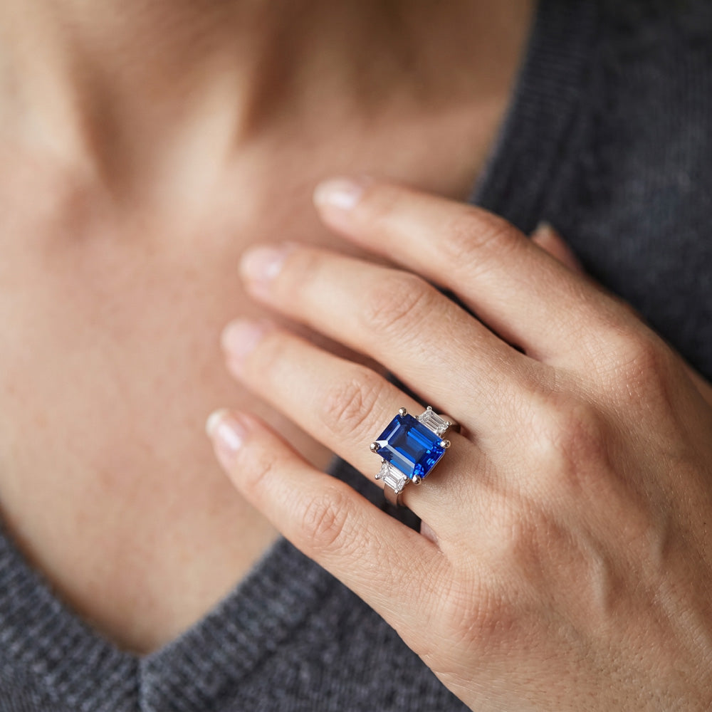 Radiant 3 Stone Blue Sapphire Ring & Princess Natural Earth Mined Diamonds 3 Carats