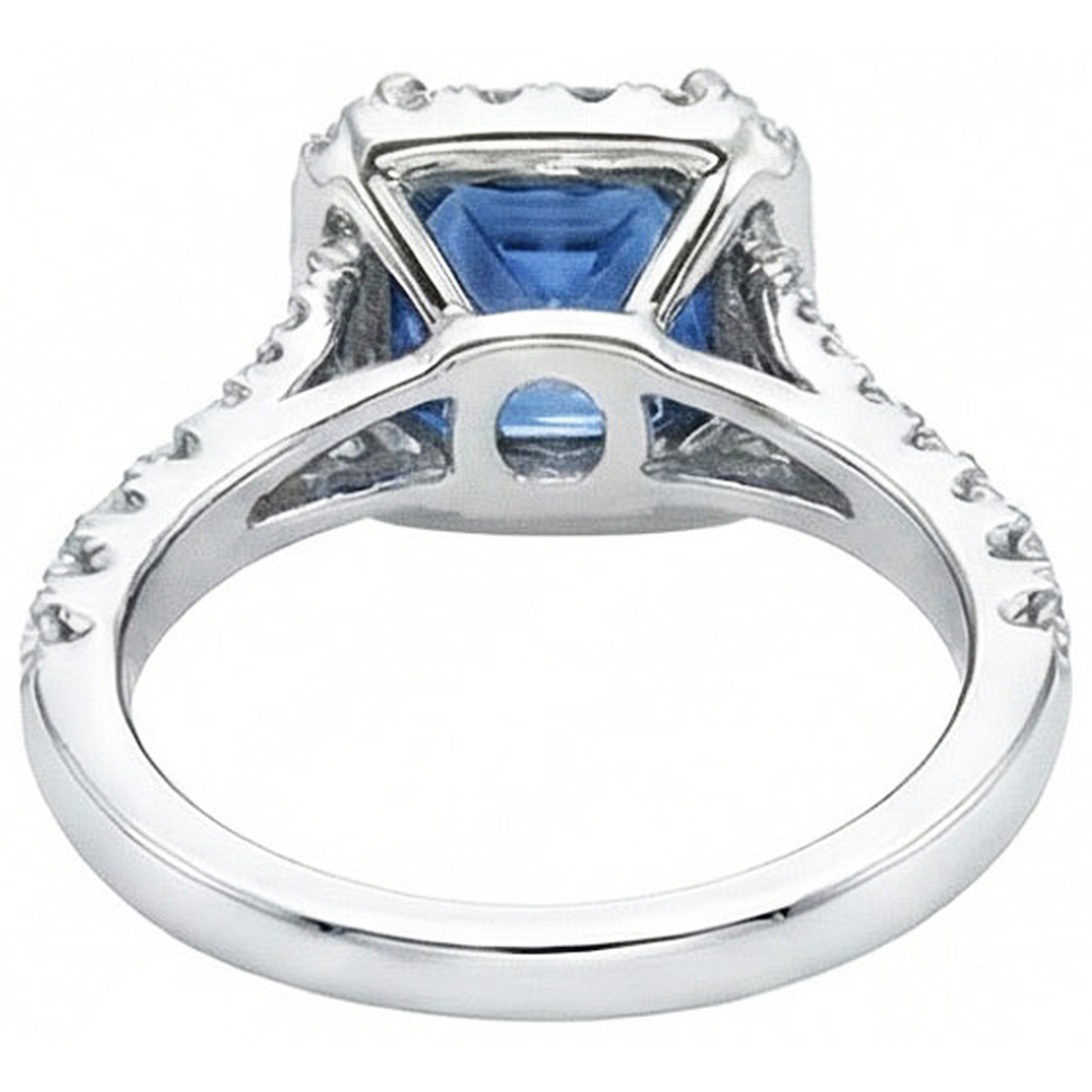 Radiant Cut Ceylon Sapphire & Round Natural Earth Mined Diamond Ring 3 Ct. White Gold 14K