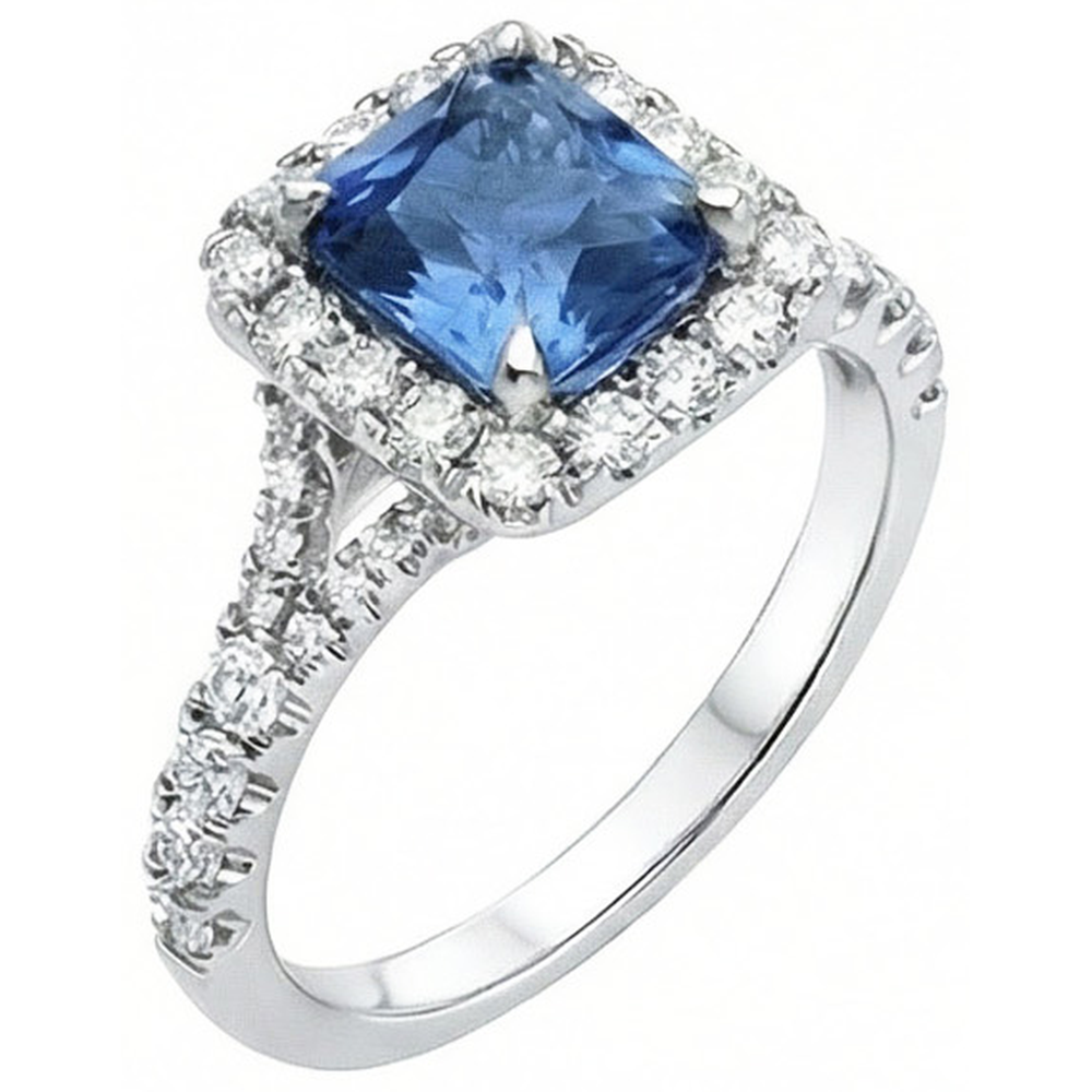 Radiant Cut Ceylon Sapphire & Round Natural Earth Mined Diamond Ring 3 Ct. White Gold 14K