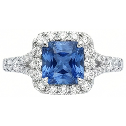 Radiant Cut Ceylon Sapphire & Round Natural Earth Mined Diamond Ring 3 Ct. White Gold 14K