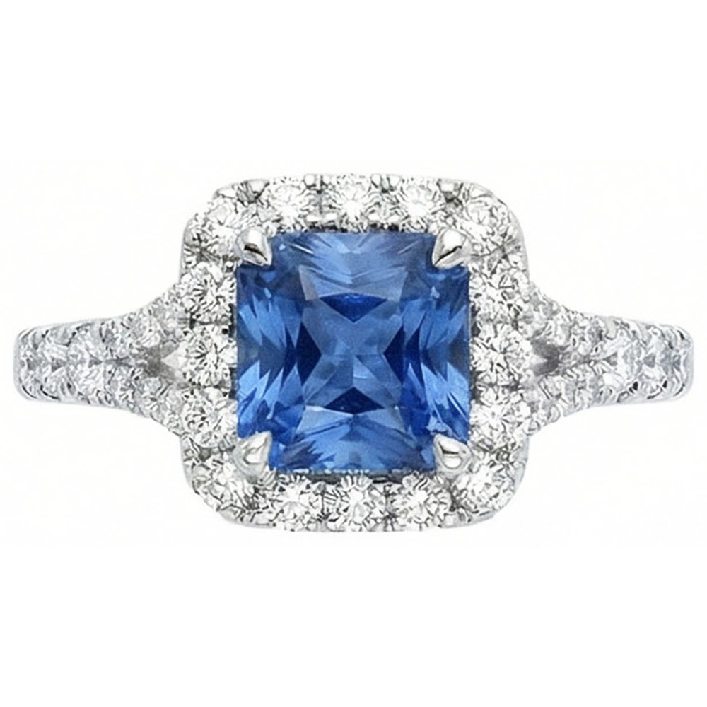 Radiant Cut Ceylon Sapphire & Round Natural Earth Mined Diamond Ring 3 Ct. White Gold 14K