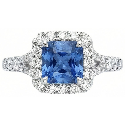 Radiant Cut Ceylon Sapphire & Round Natural Earth Mined Diamond Ring 3 Ct. White Gold 14K