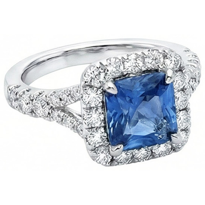 Radiant Cut Ceylon Sapphire & Round Natural Earth Mined Diamond Ring 3 Ct. White Gold 14K