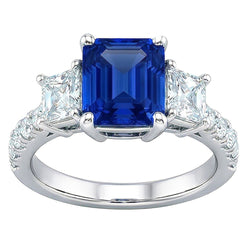 Radiant Gemstone Sapphire Ring Trapezoid & Round Natural Earth Mined Diamonds 3.50 Carats