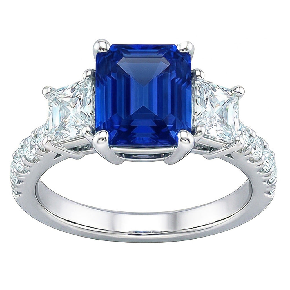 Radiant Gemstone Sapphire Ring Trapezoid & Round Natural Earth Mined Diamonds 3.50 Carats