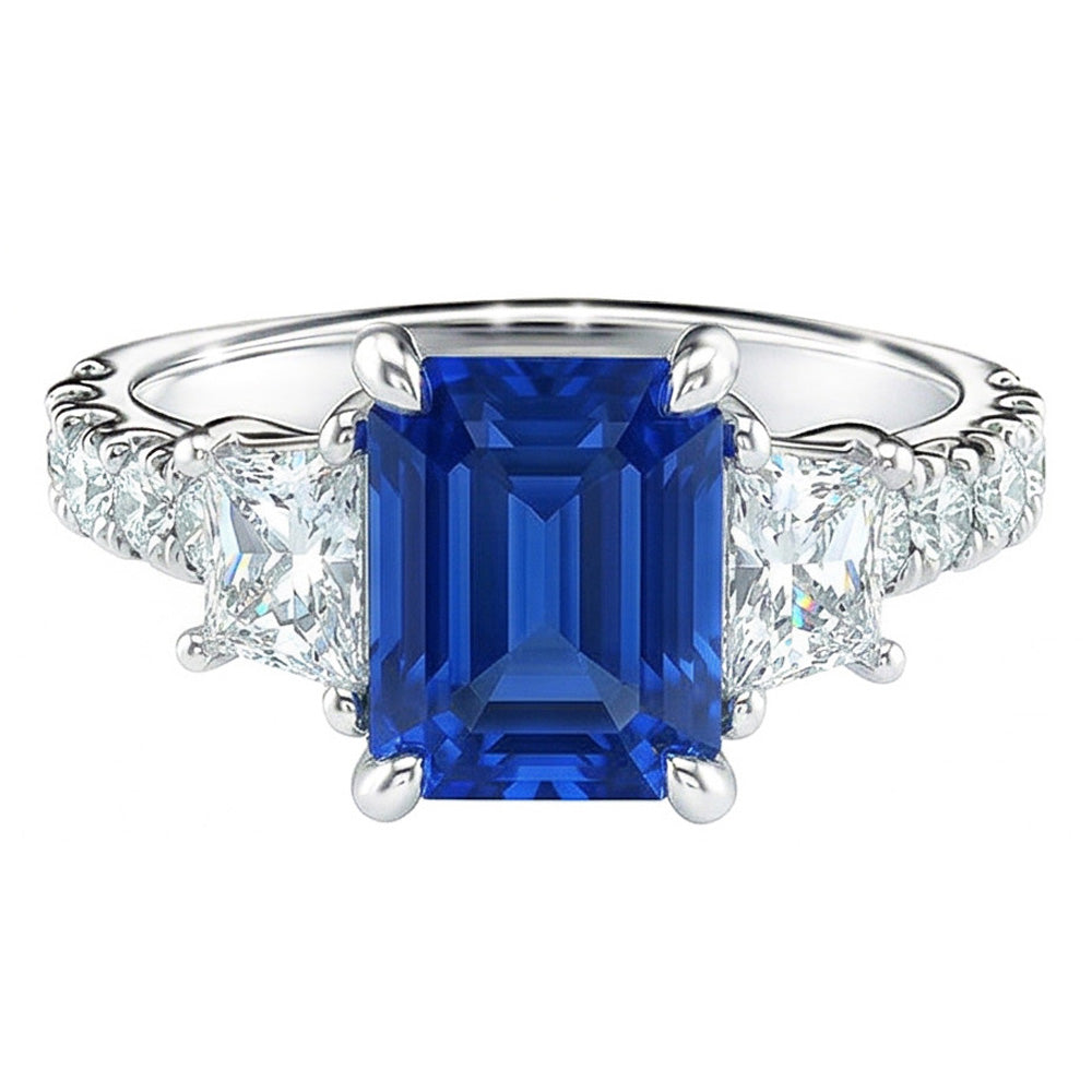 Radiant Gemstone Sapphire Ring Trapezoid & Round Natural Earth Mined Diamonds 3.50 Carats