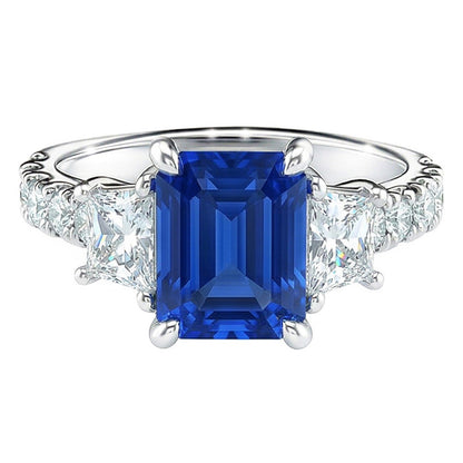 Radiant Gemstone Sapphire Ring Trapezoid & Round Natural Earth Mined Diamonds 3.50 Carats