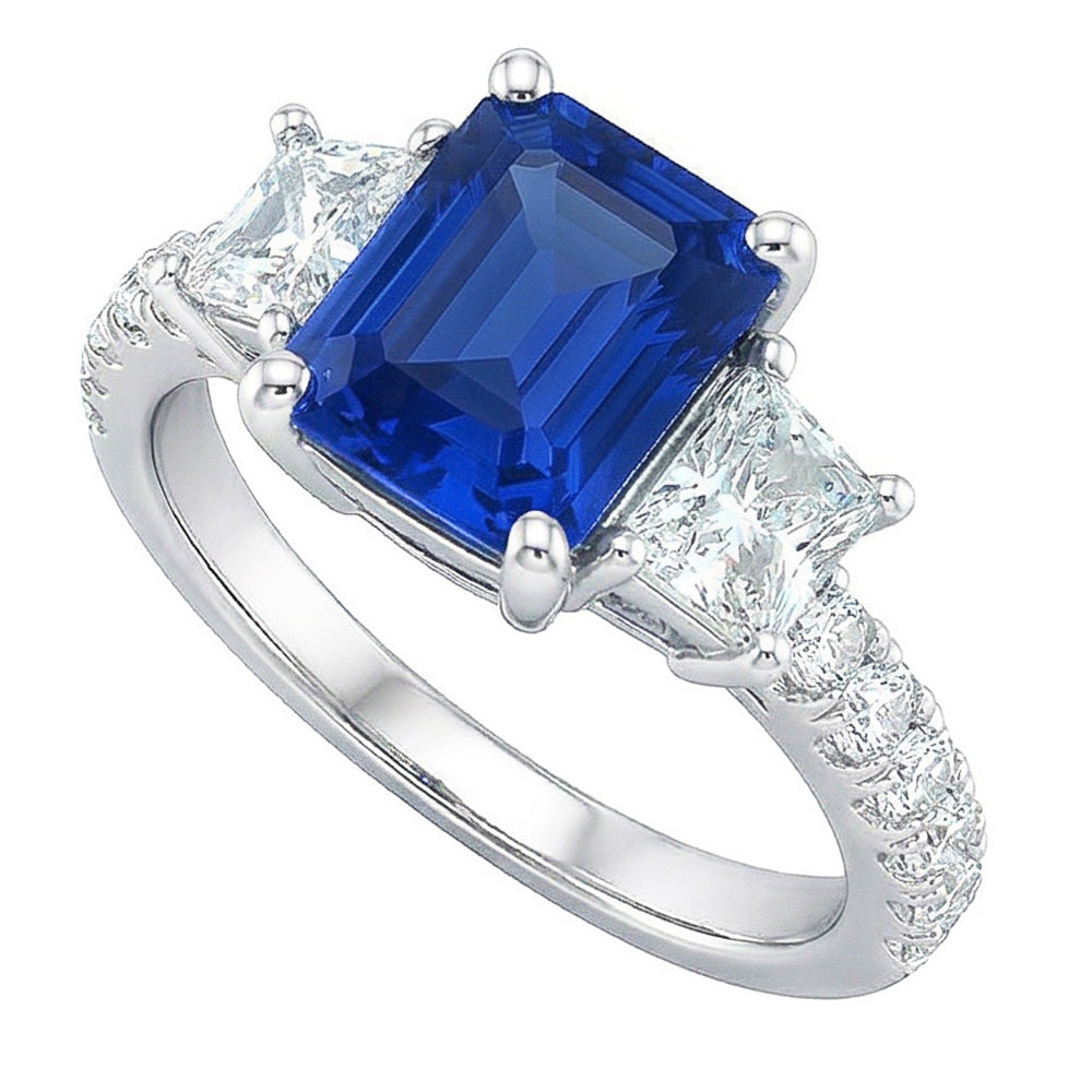 Radiant Gemstone Sapphire Ring Trapezoid & Round Natural Earth Mined Diamonds 3.50 Carats