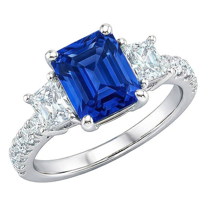 Radiant Gemstone Sapphire Ring Trapezoid & Round Natural Earth Mined Diamonds 3.50 Carats