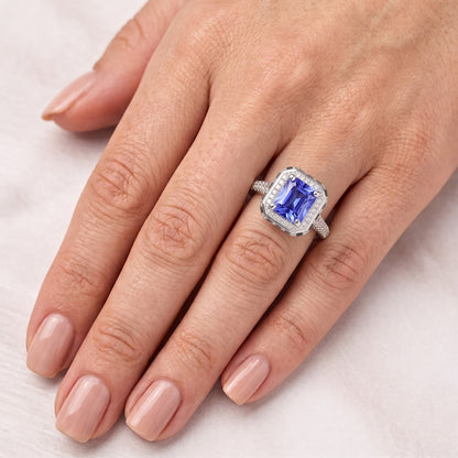 Radiant Halo Ceylon Sapphire Natural Earth Mined Diamond Ring 3.50 Carats White Gold