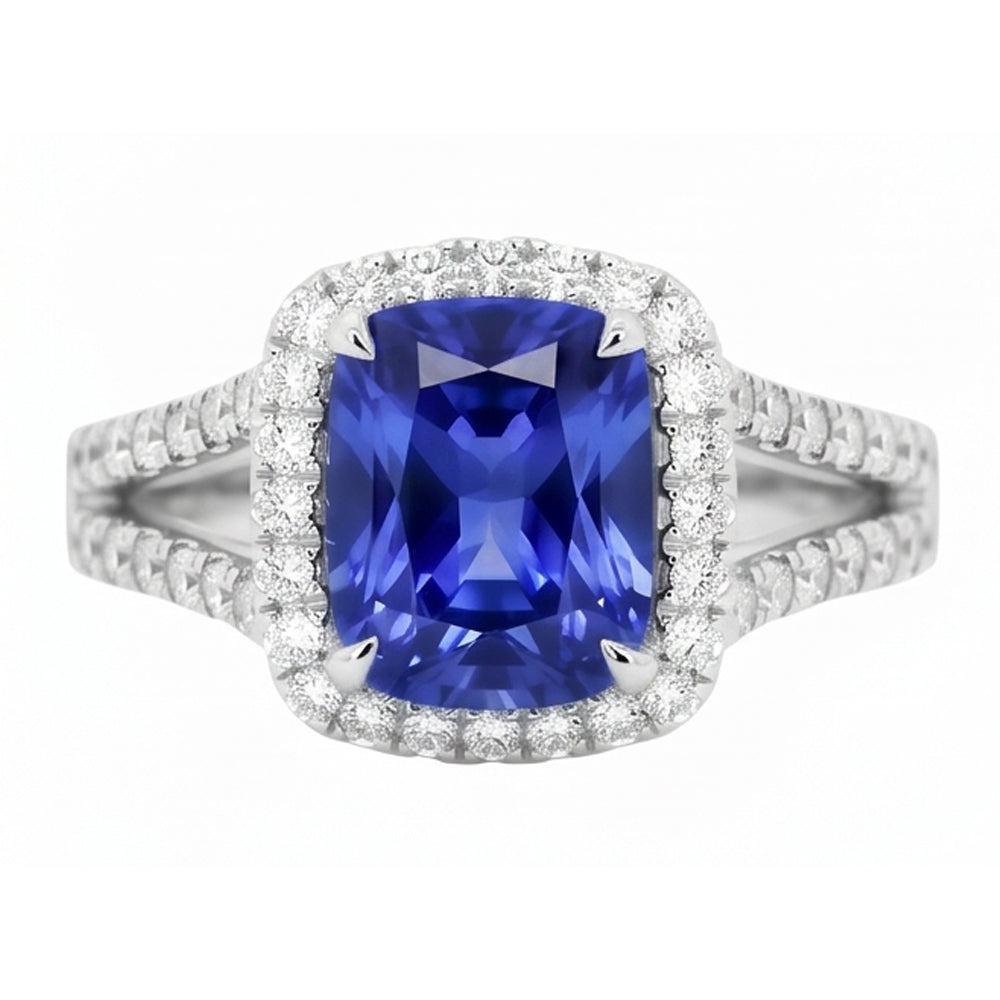 Radiant Halo Ceylon Sapphire Ring 4.50 Carats Split Shank Natural Earth Mined Diamonds