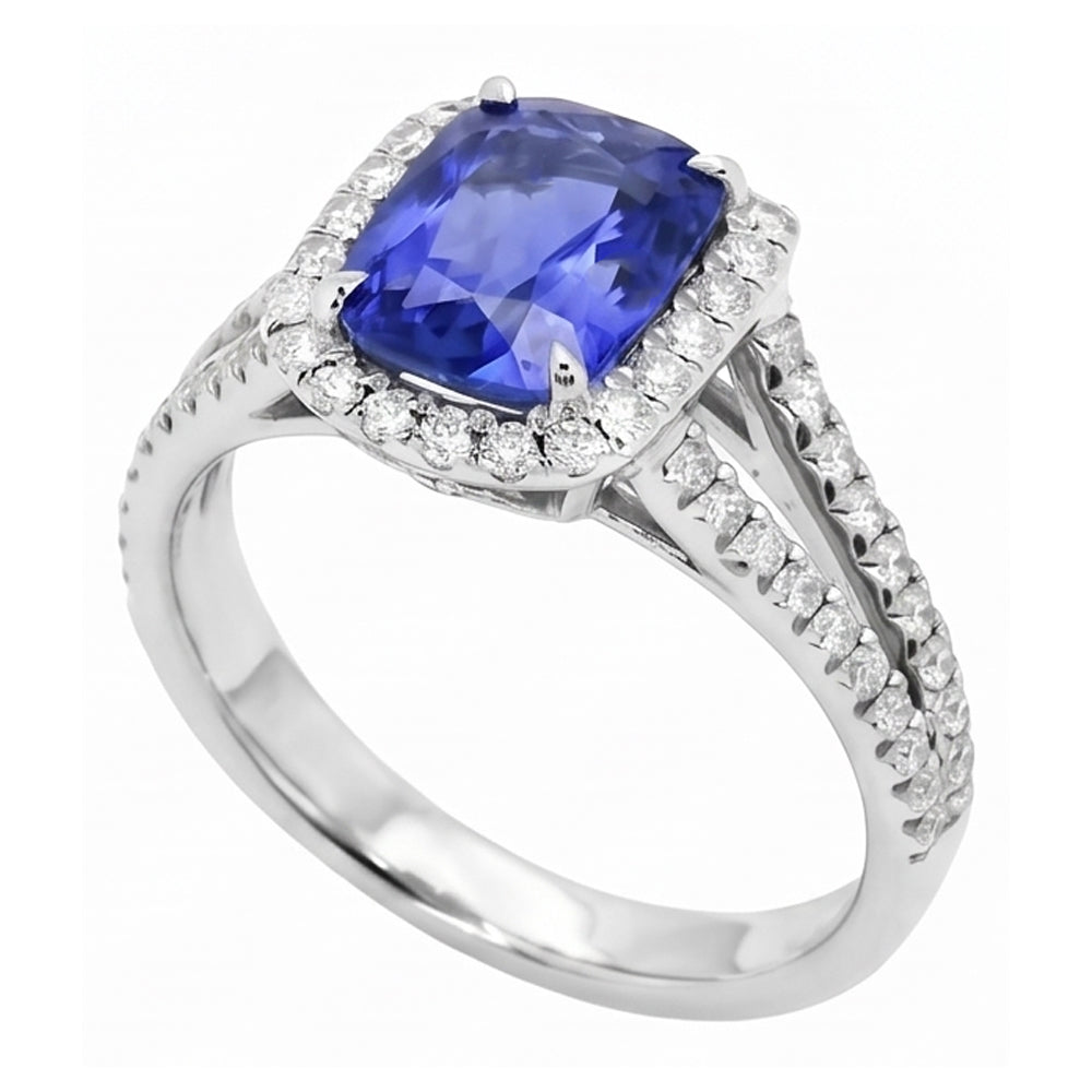 Radiant Halo Ceylon Sapphire Ring 4.50 Carats Split Shank Natural Earth Mined Diamonds