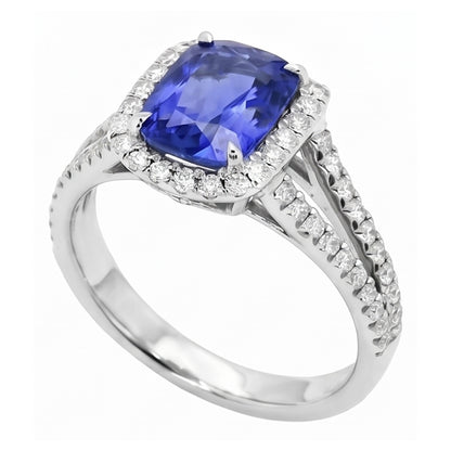 Radiant Halo Ceylon Sapphire Ring 4.50 Carats Split Shank Natural Earth Mined Diamonds