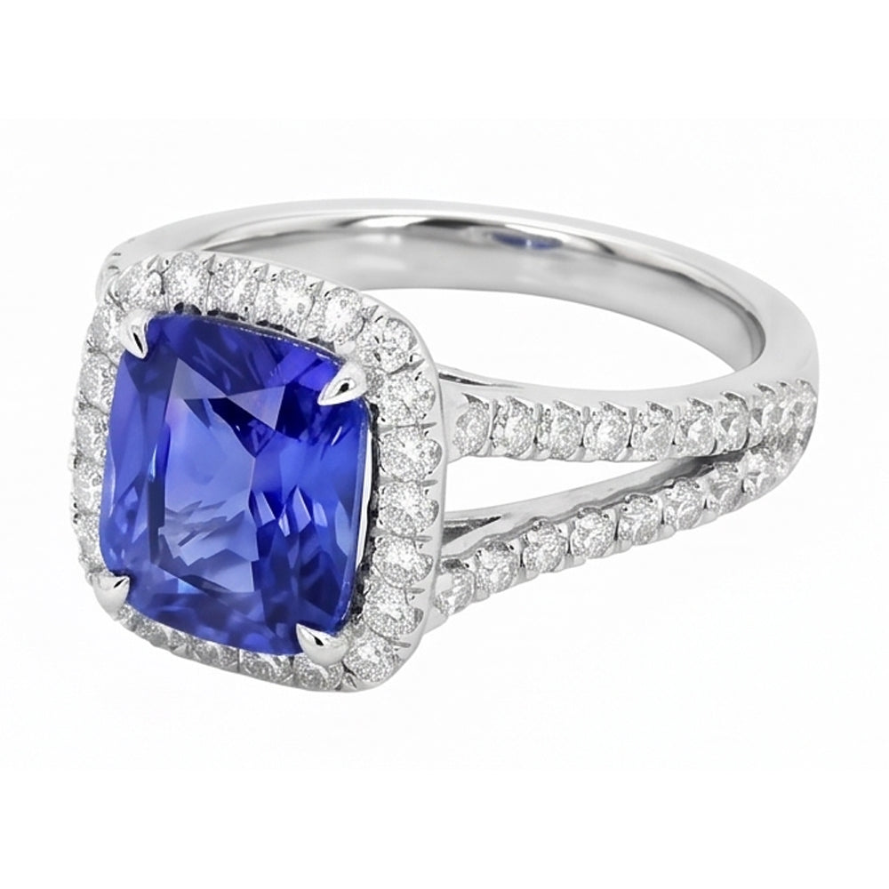Radiant Halo Ceylon Sapphire Ring 4.50 Carats Split Shank Natural Earth Mined Diamonds