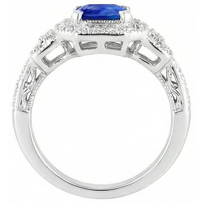 Radiant Halo Ring Antique Style Blue Sapphire & Natural Earth Mined Diamonds 3 Carats