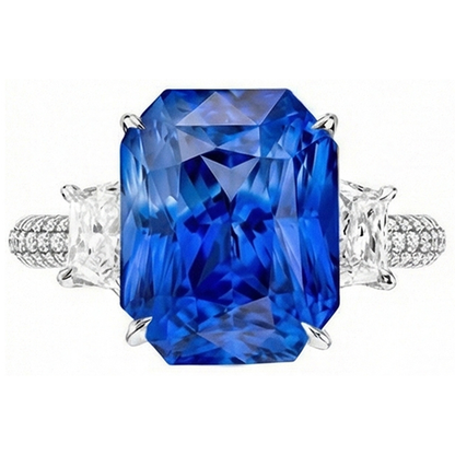 Radiant Natural Earth Mined Diamond Ceylon Sapphire Ring 7.50 Carats 3 Stone Prong Style