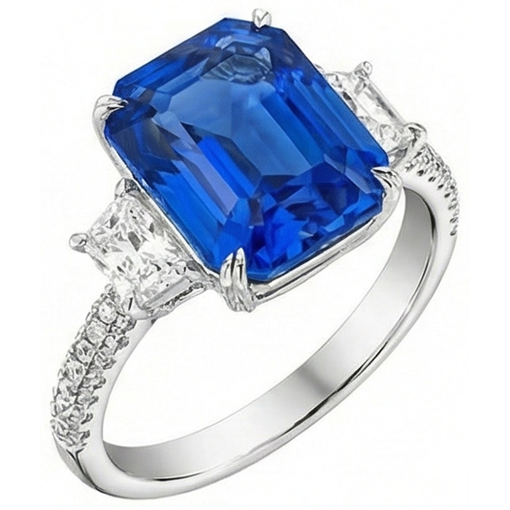 Radiant Natural Earth Mined Diamond Ceylon Sapphire Ring 7.50 Carats 3 Stone Prong Style