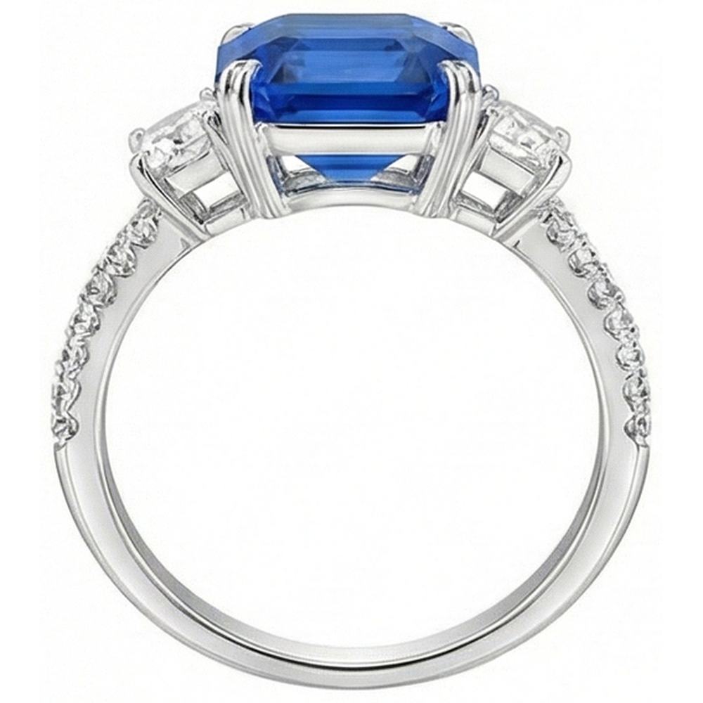 Radiant Natural Earth Mined Diamond Ceylon Sapphire Ring 7.50 Carats 3 Stone Prong Style