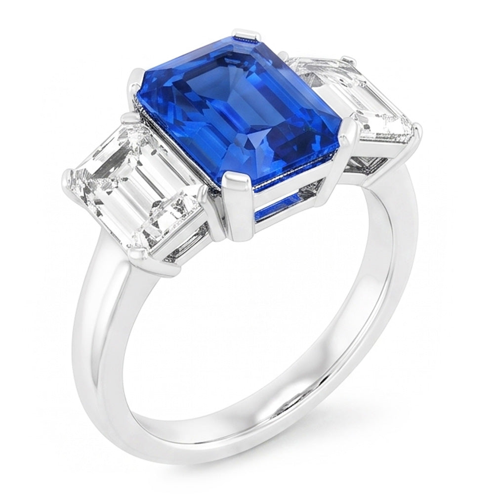 Radiant Natural Earth Mined Diamond Jewelry 3 Carats Three Stone Blue Sapphire Ring
