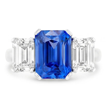 Radiant Natural Earth Mined Diamond Jewelry 3 Carats Three Stone Blue Sapphire Ring