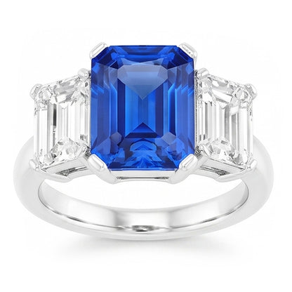 Radiant Natural Earth Mined Diamond Jewelry 3 Carats Three Stone Blue Sapphire Ring