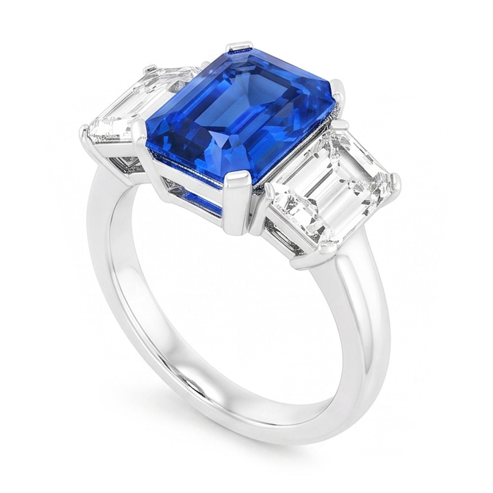Radiant Natural Earth Mined Diamond Jewelry 3 Carats Three Stone Blue Sapphire Ring