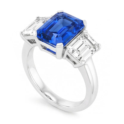 Radiant Natural Earth Mined Diamond Jewelry 3 Carats Three Stone Blue Sapphire Ring