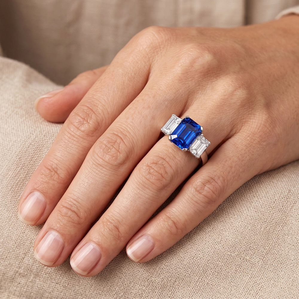 Radiant Natural Earth Mined Diamond Jewelry 3 Carats Three Stone Blue Sapphire Ring