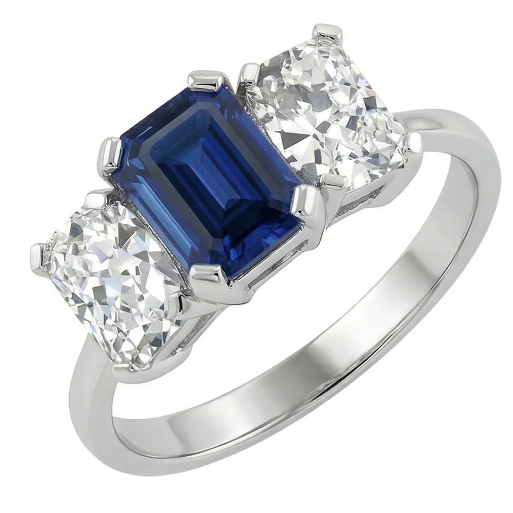 Radiant Natural Earth Mined Diamond Jewelry Emerald Blue Sapphire 3 Stone Ring 3 Carats