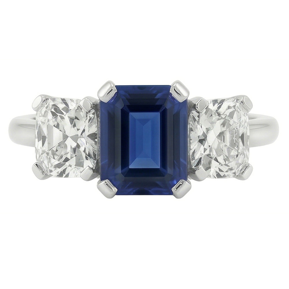 Radiant Natural Earth Mined Diamond Jewelry Emerald Blue Sapphire 3 Stone Ring 3 Carats