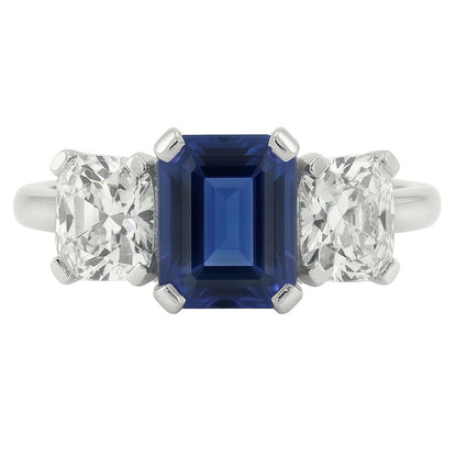 Radiant Natural Earth Mined Diamond Jewelry Emerald Blue Sapphire 3 Stone Ring 3 Carats