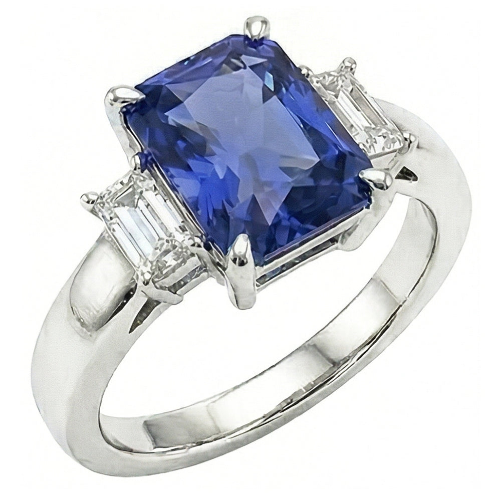 Radiant Natural Earth Mined Diamond Three Stone Ceylon Sapphire Ladies Ring 1.75 Carats