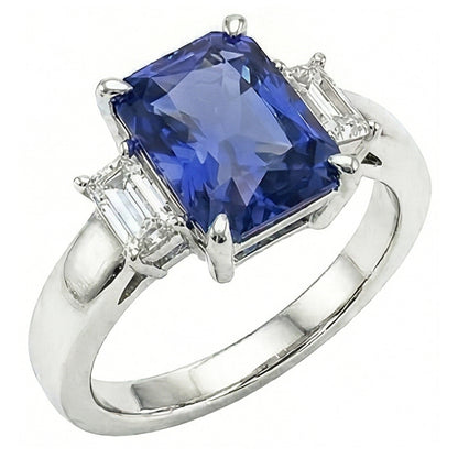 Radiant Natural Earth Mined Diamond Three Stone Ceylon Sapphire Ladies Ring 1.75 Carats