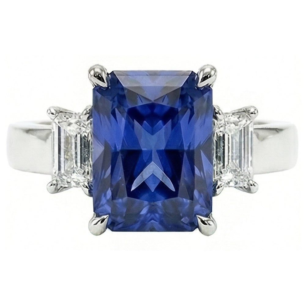 Radiant Natural Earth Mined Diamond Three Stone Ceylon Sapphire Ladies Ring 1.75 Carats