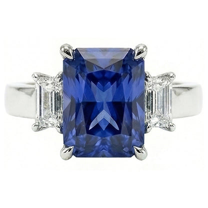 Radiant Natural Earth Mined Diamond Three Stone Ceylon Sapphire Ladies Ring 1.75 Carats